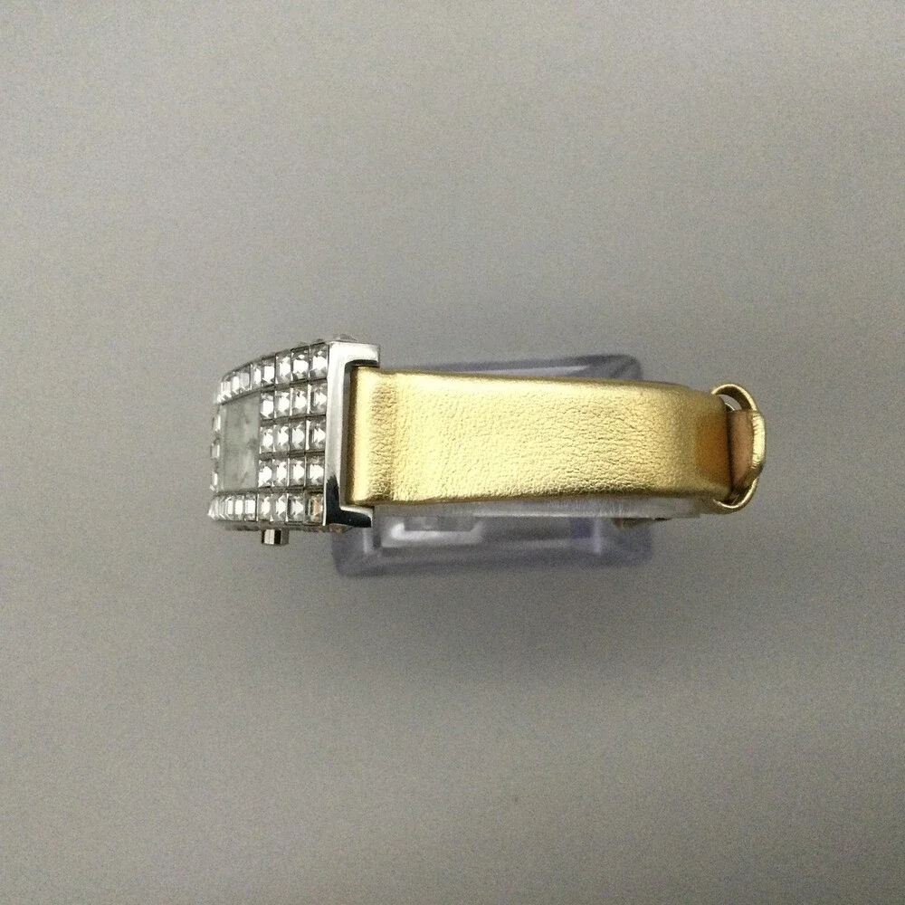 Crystal Bezel Womens Watch 20mm Silver Tone Case Gold Leather MOP New Battery